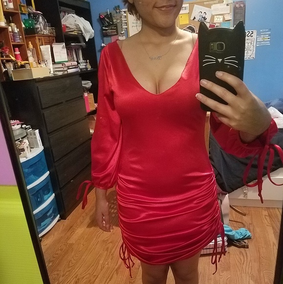 Vintage K TOO Plunge Neck Satin Ruched 90s Long Sleeve Bodycon Dress - Picture 7 of 8